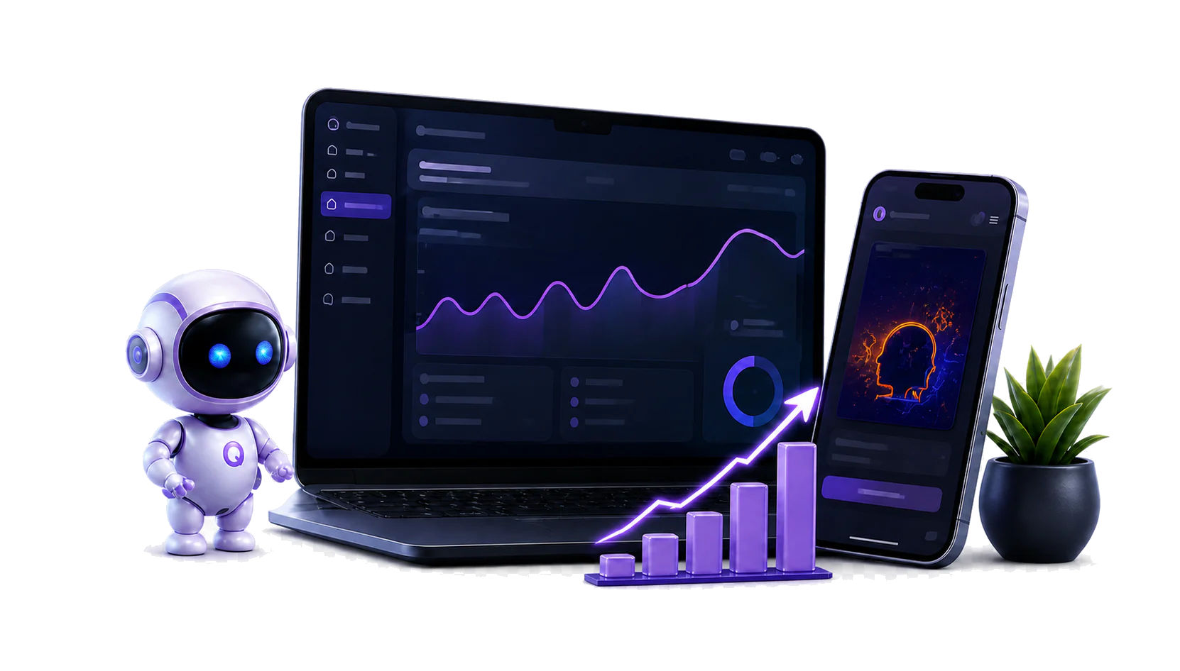 Interface Qwentra sur ordinateur portable et téléphone, accompagnée du robot assistant et d’un graphique de croissance