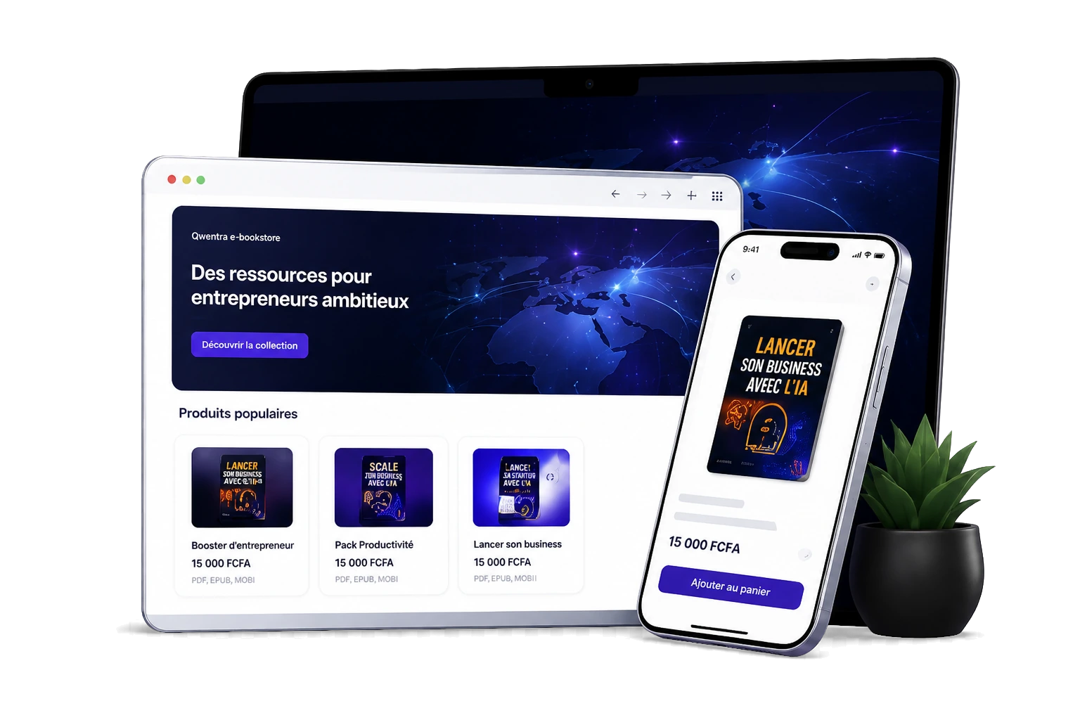 Aperçu d’une boutique Qwentra sur ordinateur et smartphone