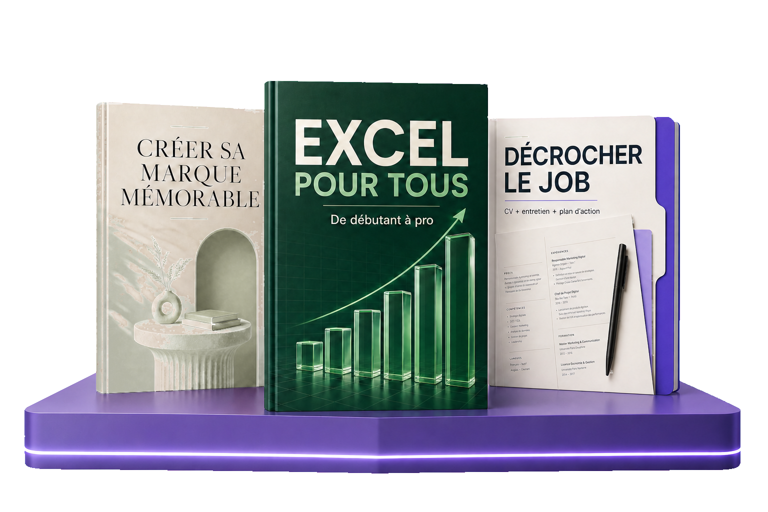 Collection de ressources numériques sur un podium violet