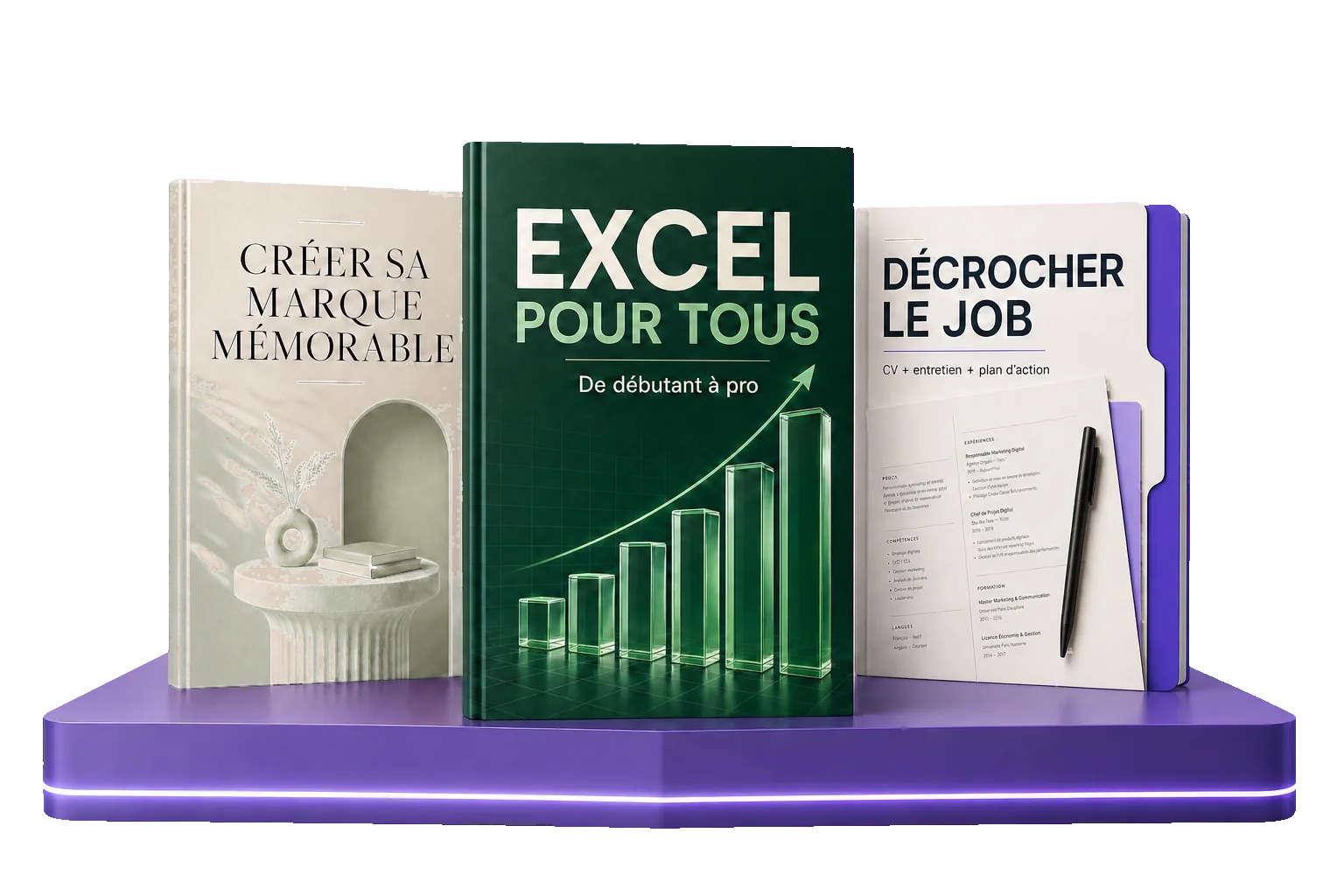 Collection de ressources numériques sur un podium violet